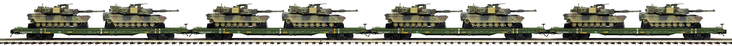 MTH 20-92183 O U.S. Army Premier Flat Car Set w/ M1a Abrams Tanks (Set – Trainz