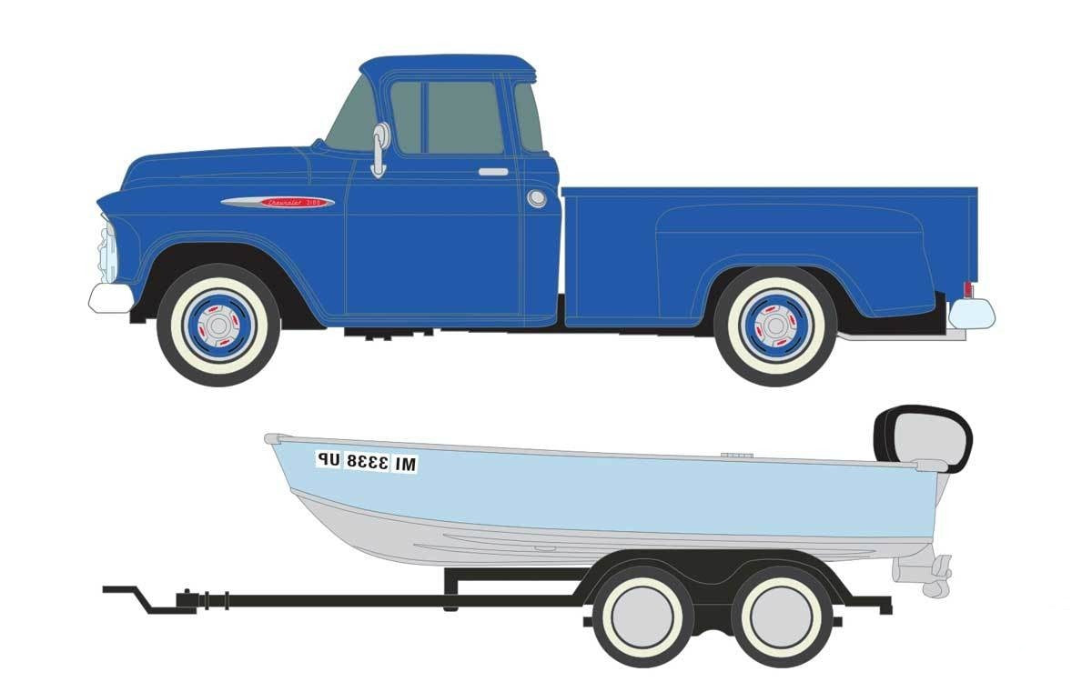 Classic Metal Works 40012 HO Mini Metals Blue '57 Chevy Pickup w/Fishing Boat
