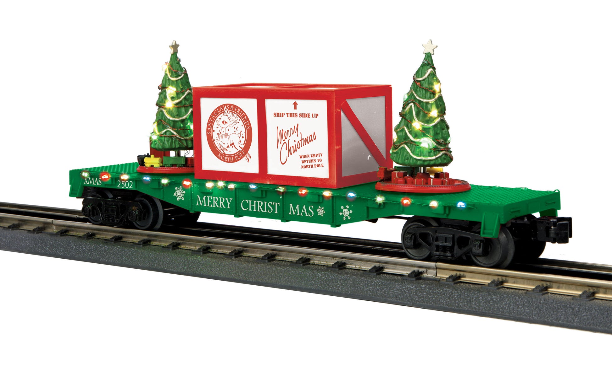 MTH 30-76773 O Christmas Green Flat Car with Lighted Christmas Trees