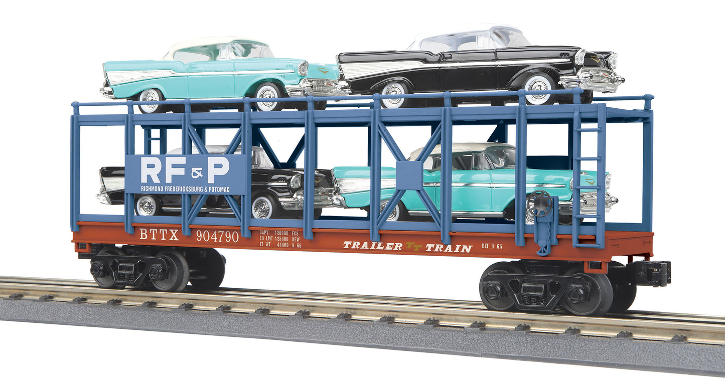 MTH 30-76790 O RFP Auto Carrier Flat Car with 4 '57 Chevy Bel Air #904790
