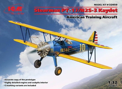 ICM 32050 1:32 Stearman PT-17/N2S-3 Kaydet Training Military Aircraft Plane Kit