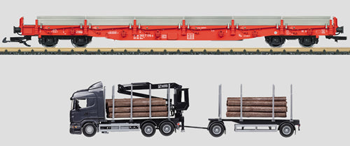 LGB 45921 G Deutsche Bahn AG Stake Car w/Log Truck Load (Era V, Red)