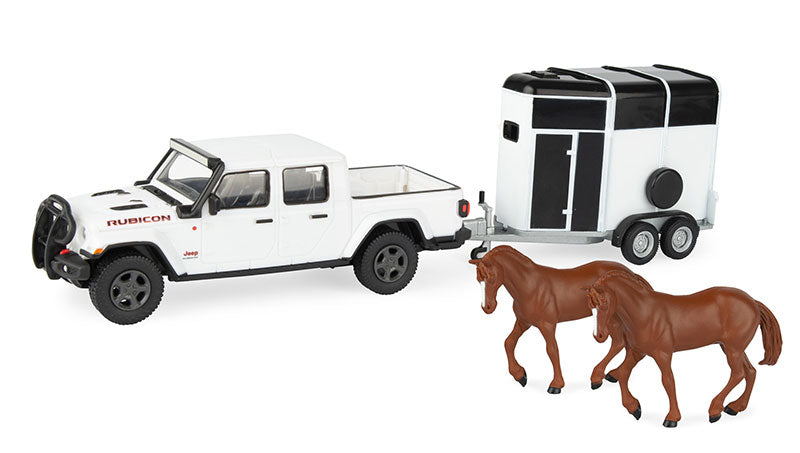 Ertl 47366 1:32 White Jeep Gladiator with Horse Trailer and Horses