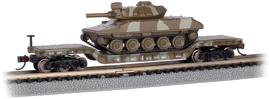 Bachmann 71388 N 52' Center-Depressed Flat Car w/Green Camo with Sheridan Tank