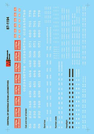 Microscale 60-1194 N 1931-53 Central of Georgia Steam Locomotives Decal Sheet