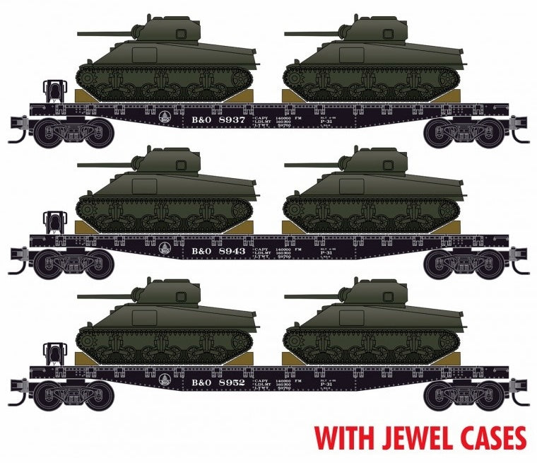 Micro-Trains 98302218 N B&O 50' Flat Car with M4 Sherman Tanks Load