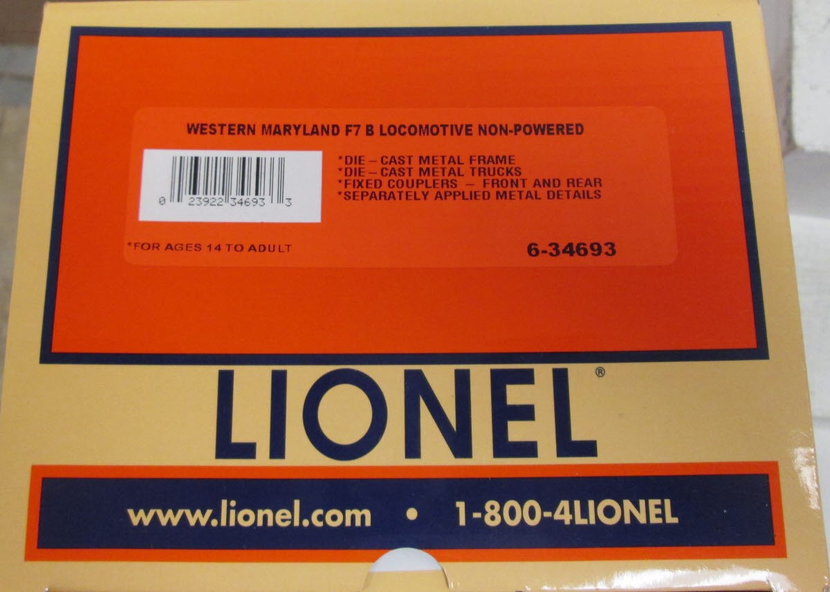 Lionel 6-34693 Western Maryland Non-Powered F-7 B-Unit Diesel Locomotive #413