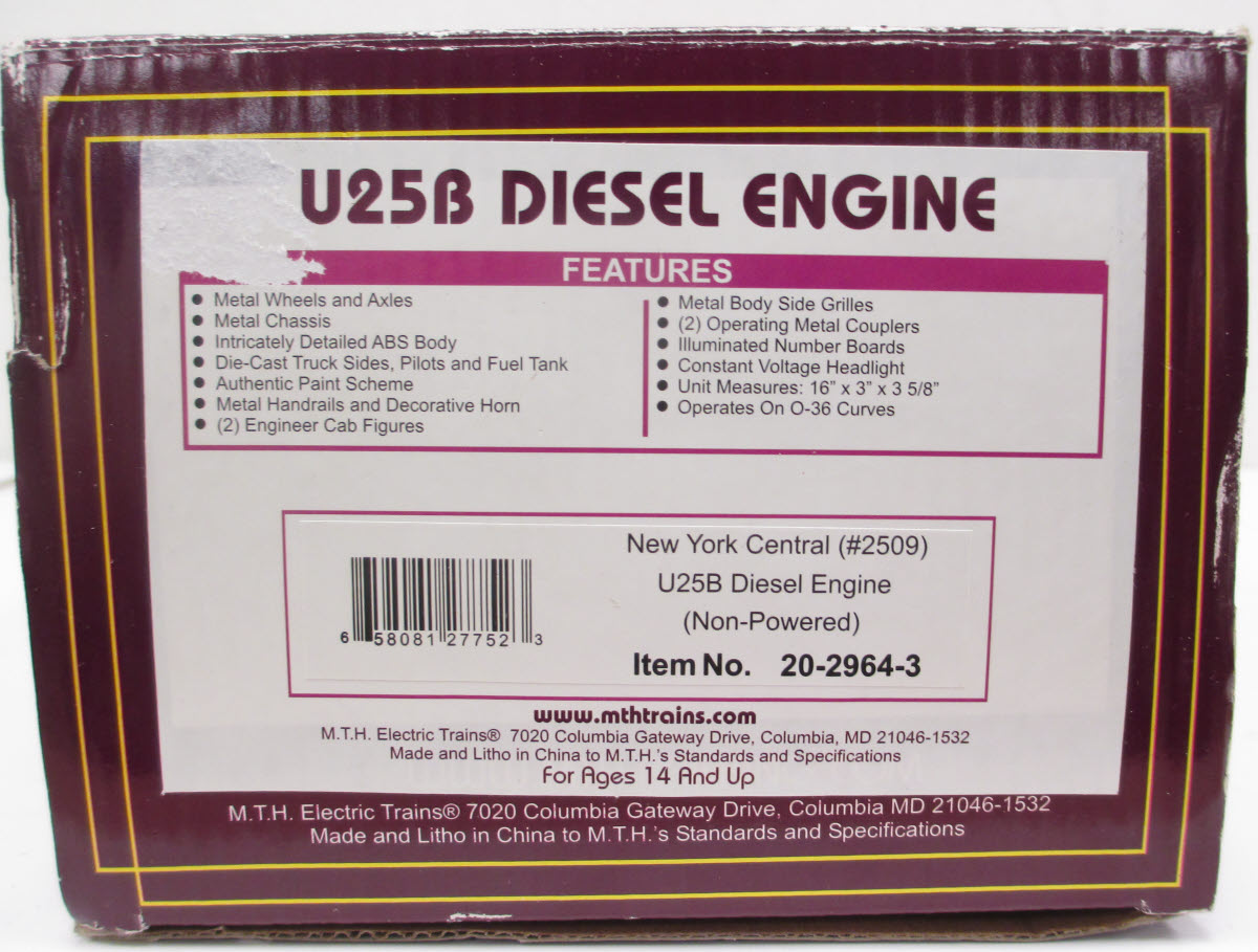 MTH 20-2964-3 New York Central U25B Non-Powered Diesel Engine #2509