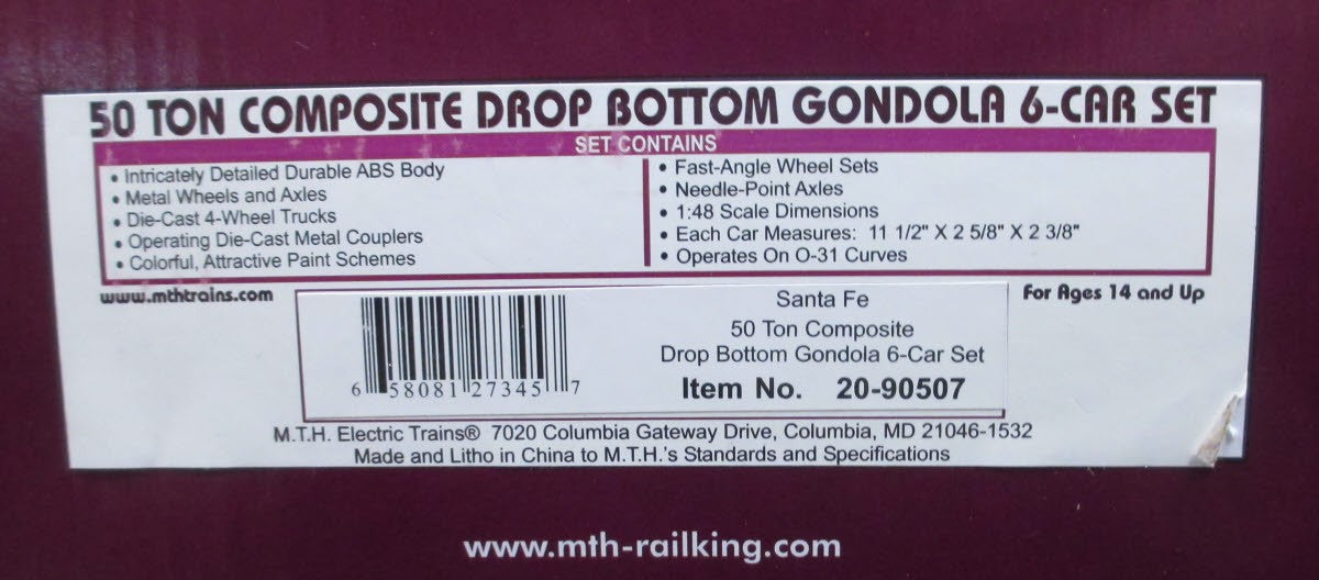 MTH 20-90507 O Santa Fe 50 Ton Composite Drop Bottom Gondola Car Set (Set of 6)