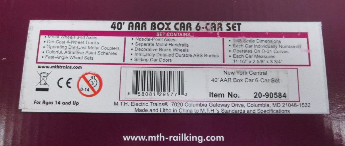 MTH 20-90584 O New York Central 40' AAR Box Car Set (Set of 6)