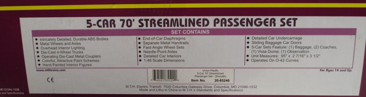 MTH 20-65246 O Union Pacific 70' Streamlined ABS Passenger Car Set (Set of 5)