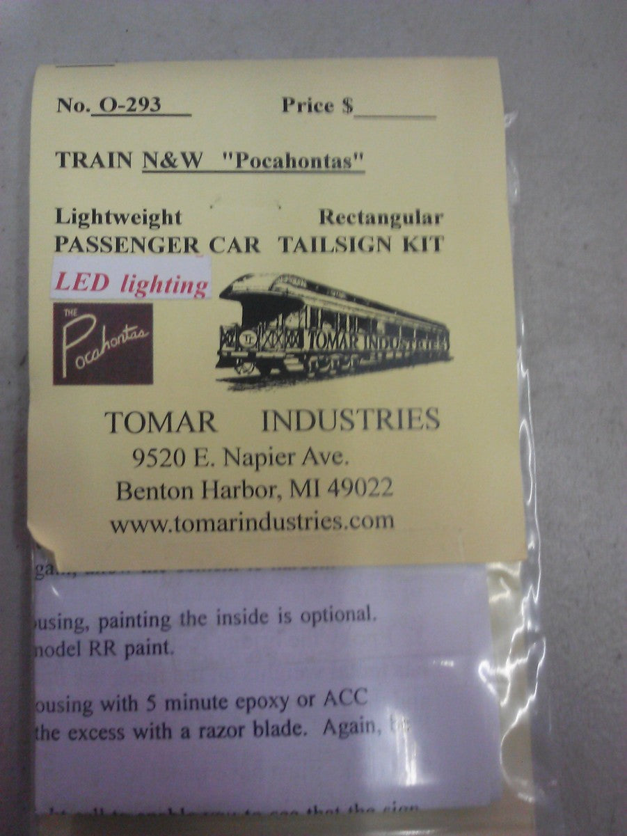Tomar Industries 293 HO N&W Pocahontas Passenger Car Tailsign Kit