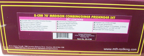 MTH 20-4188 O CNW 70' Madison Combine/Diner Passenger Car Set (Set of 2)