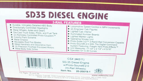 MTH 20-20019-1 CSX SD-35 Diesel Engine w/PS2 #4511