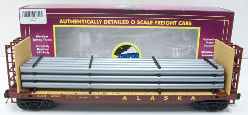 MTH 20-98663 O Gauge Alaska Flatcar w/ Bulkhead Flatcar w/ Pipe Load #12902