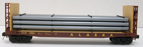 MTH 20-98663 O Gauge Alaska Flatcar w/ Bulkhead Flatcar w/ Pipe Load #12902