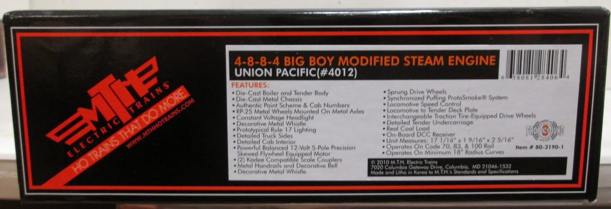 MTH 80-3190-1 HO UP 4-8-8-4 Big Boy Modified Steam Locomotive w/ PS 3.0 #4012