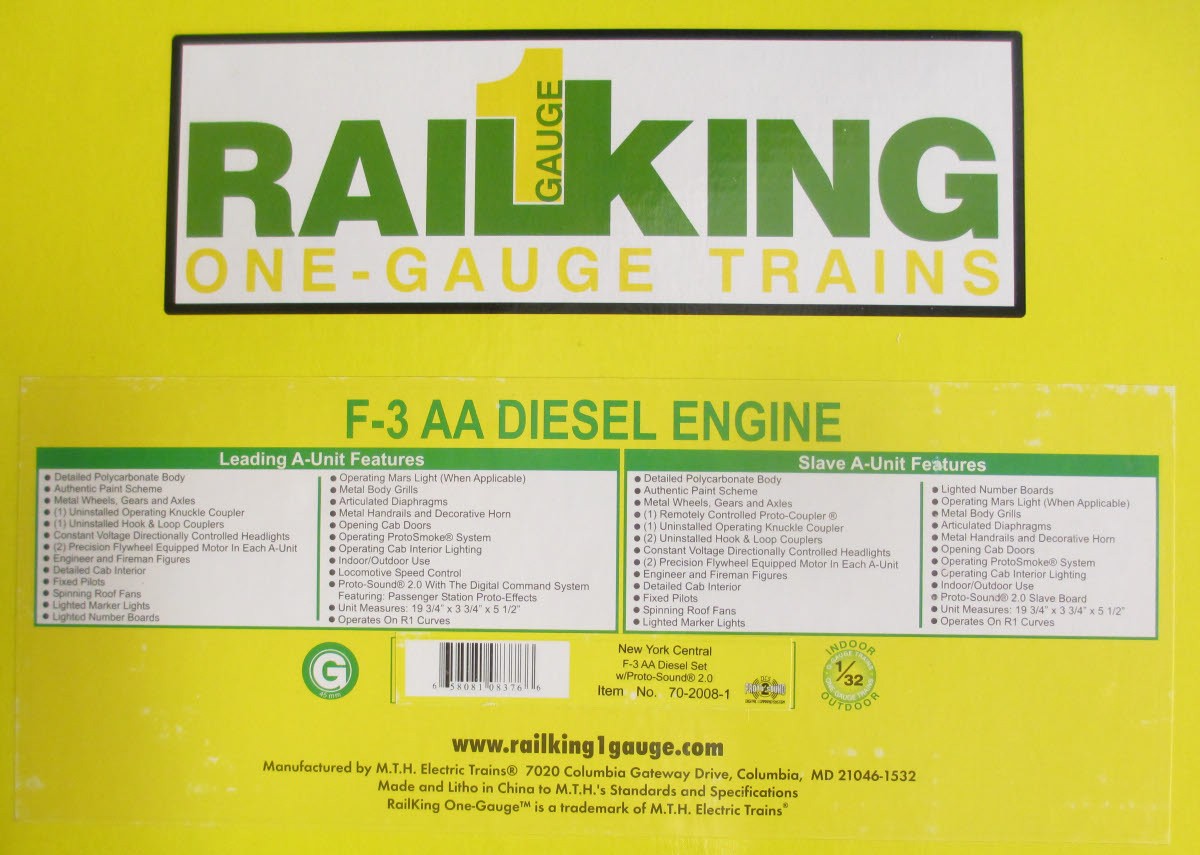 MTH 70-2008-1 G New York Central F-3 AA Diesel Locomotive Set w/PS2.0 (Set of 3)