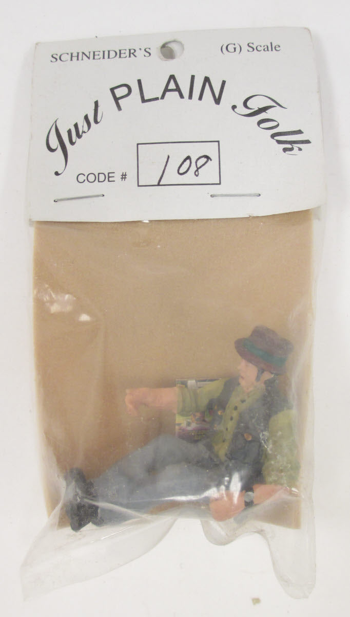 Just Plain Folk 108 G Scale Man Wearing Green Stripe Hat Reading Paper