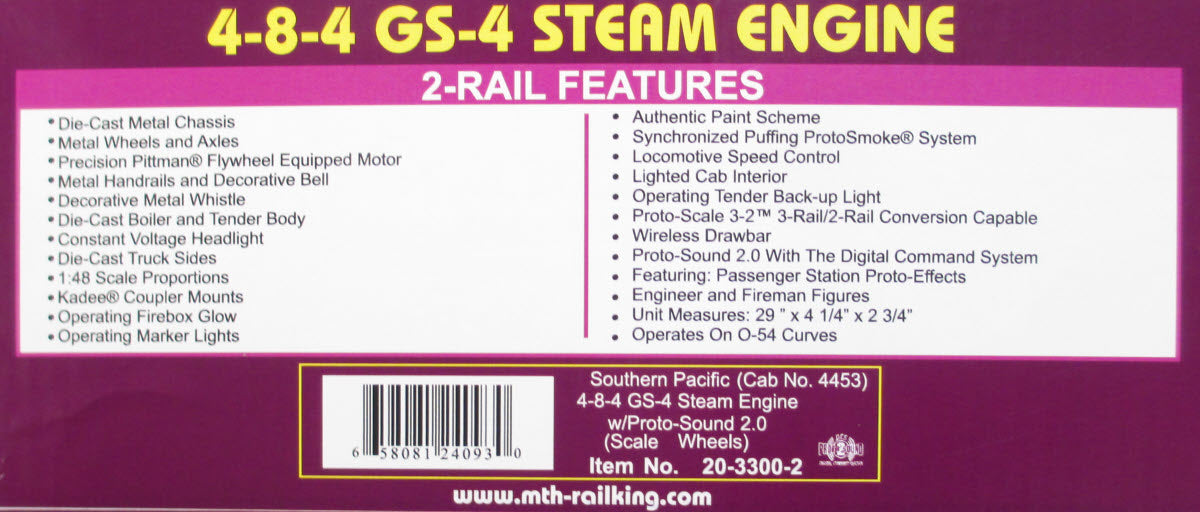 MTH 20-3300-2 Southern Pacific 4-8-4 GS-4 Steam Engine w/PS2 (Scale Wheels)