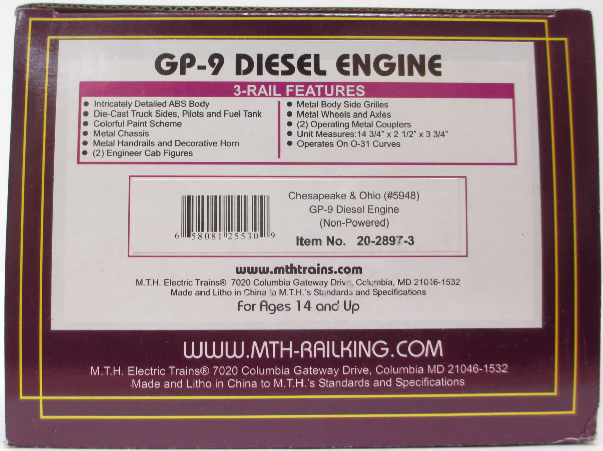 MTH 20-2897-3 Chesapeake & Ohio GP-9 Non-Powered Diesel Engine #5948