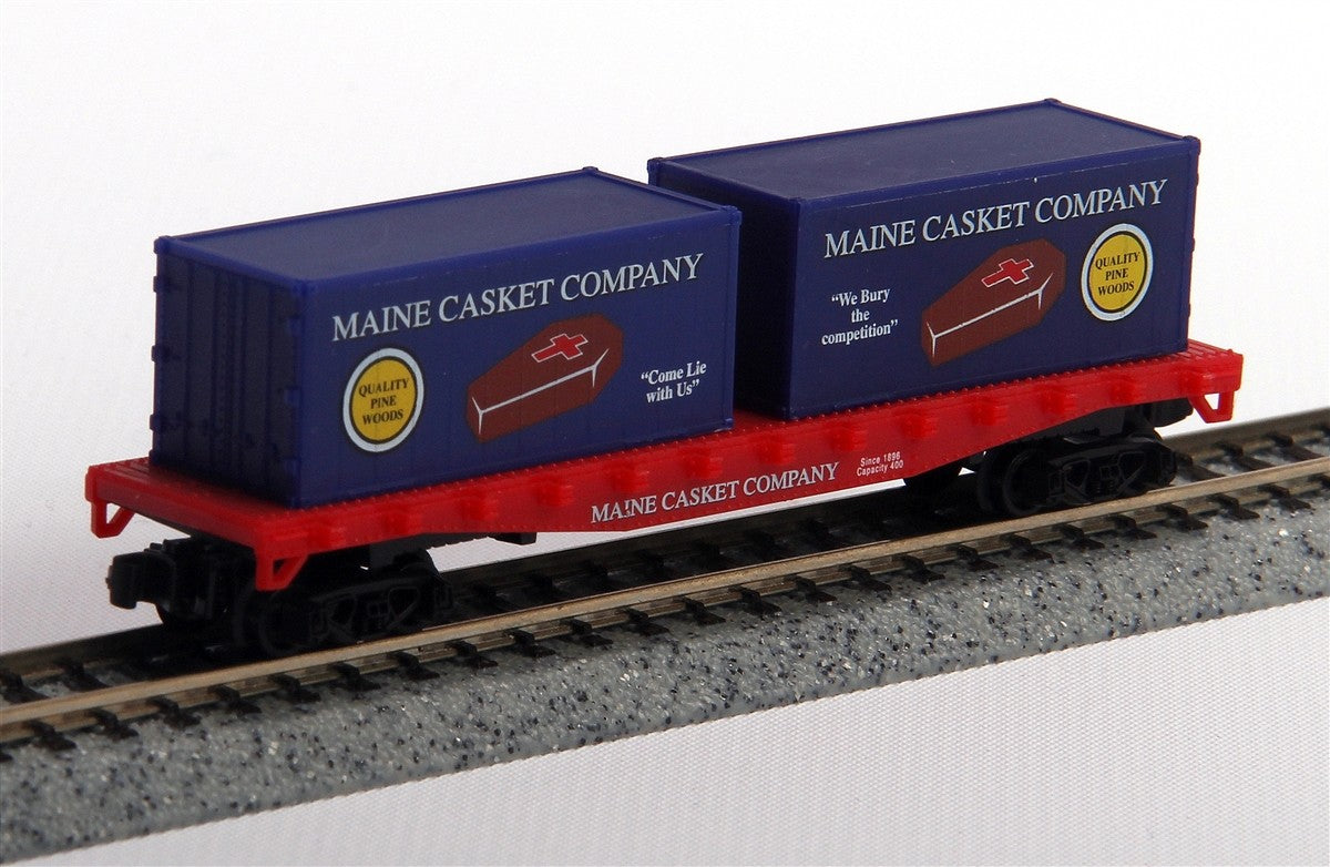 Model Power 490-84050 50' Flatcar w/Metal Wheels & 2 Containers Maine Casket