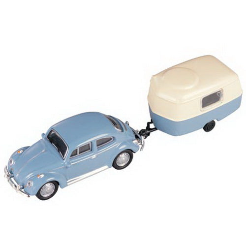 Model Power 19660 HO Blue/White Volkswagen Beetle w/Camper Trailer