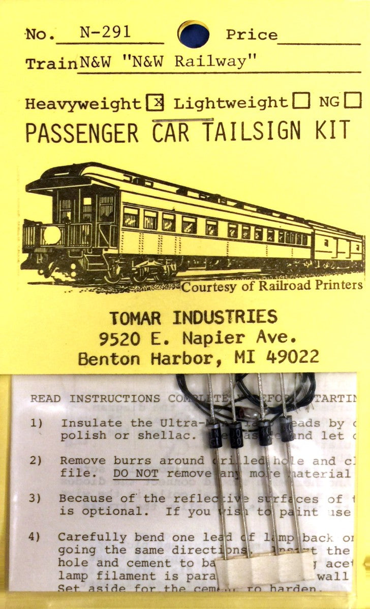 Tomar Industries N-291 N Norfolk and Western Lightweight Passenger Tail Sign Kit