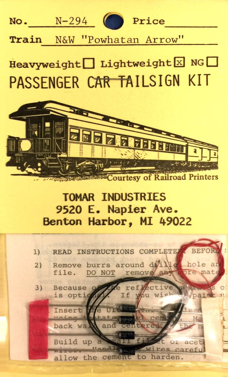 Tomar Industries N-294 N N&W "Powhatan Arrow" LW Passenger Car Tail Sign Kit