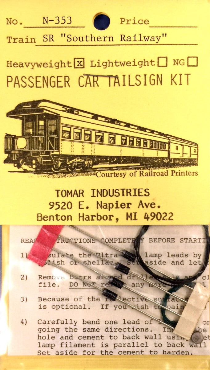 Tomar Industries N-353 N Scale Southern Railway Heavyweight Lighted Drumhead Kit
