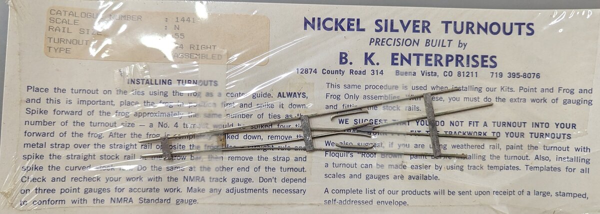BK Enterprises 1441 N Scale Code 55 #4 Right Assembled Nickel Silver Turnout