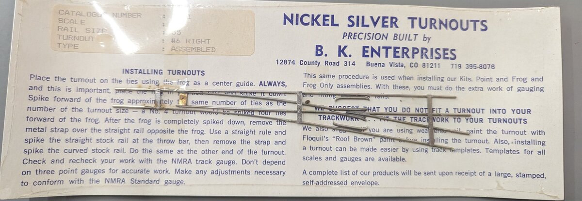 BK Enterprises 1461 N Scale 55 #6 Right Assembled Nickel Silver Turnout