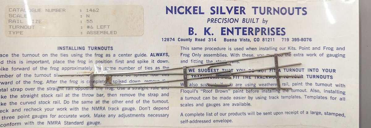 BK Enterprises 1462 N Scale 55 #6 Left Assembled Nickel Silver Turnout