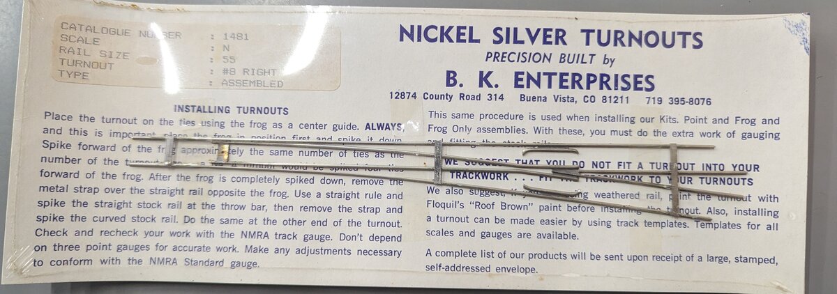 BK Enterprises 1481 N Scale 55 #8 Right Assembled Nickel Silver Turnout
