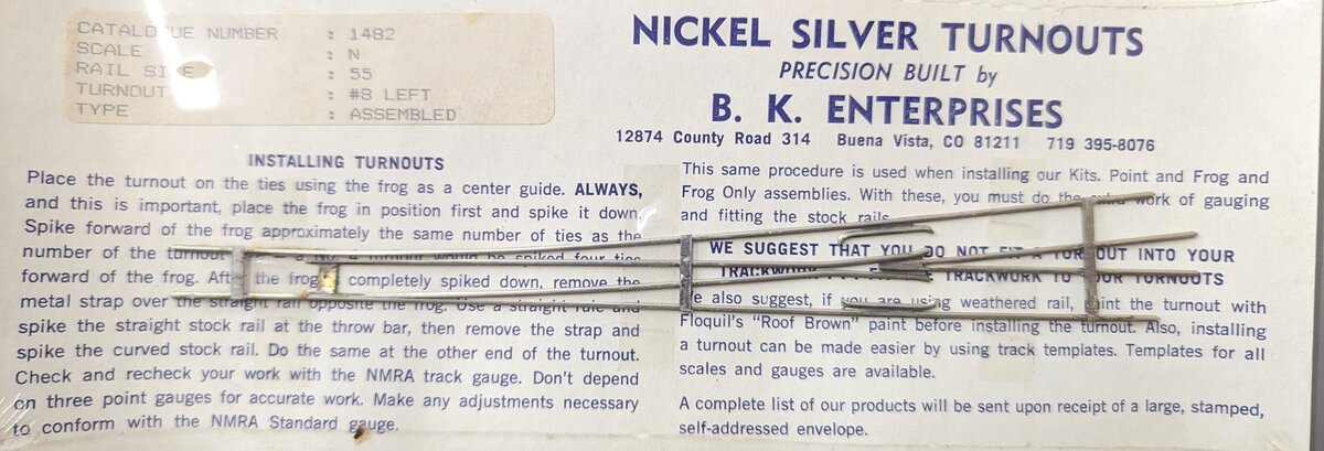 BK Enterprises 1482 N Scale 55 #8 Left Assembled Nickel Silver Turnout