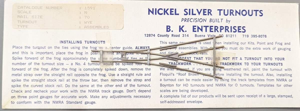 BK Enterprises 1591 N Scale Code 70 Wye Assembled Nickel Silver Turnout