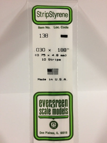 Evergreen Scale Models 138 .030" x .188" x 14" Polystyrene Strips (Pack of 10)