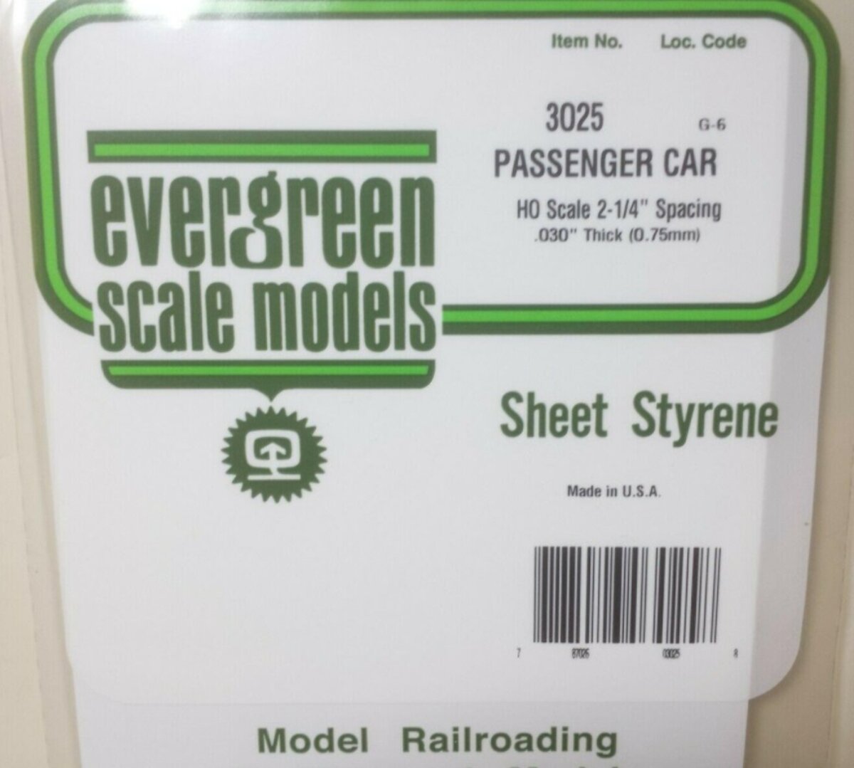 Evergreen Scale Models 3025 HO 2-1/4 .030" x .025" x 12" x 24" Passenger Car