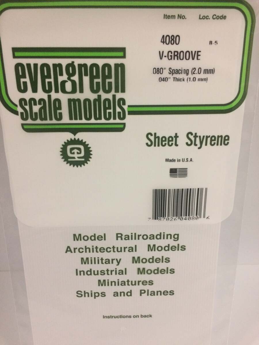 Evergreen Scale Models 4080 080" .040" x .080" x 6" x 12" Polystyrene V-Groove