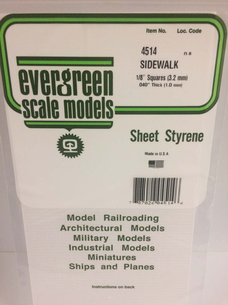 Evergreen Scale Models 4514 1/8" x 1/8" x .011 x 6" x 12" Polystyrene Sidewalk