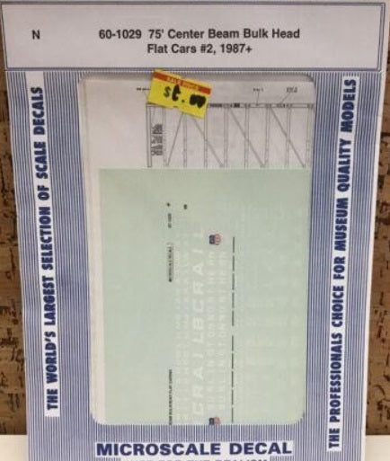 Microscale 60-1029 N 1987+ 75' Center Beam Bulk Head Flat Cars #2 Decal Sheet