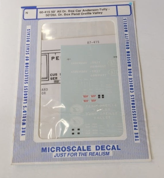 Microscale 60-415 N ATCO, Oreille Valley 50’ All Door Boxcar Decal Sheet