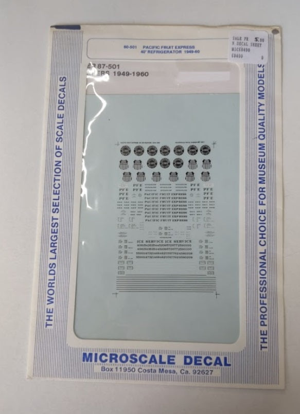 Microscale 60-501 N 1949-1960 Pacific Fruit Express 40' Refrigerator Decal Sheet