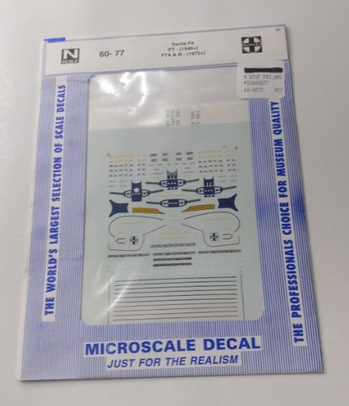 Microscale 60-77  N Santa Fe FT 1940+ F7A & B 1972+ Waterslide Decal Sheet
