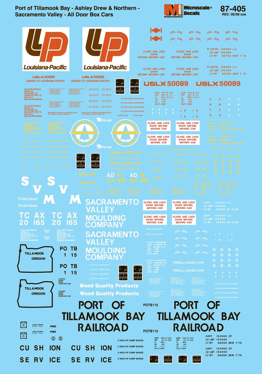 Microscale 87-405 HO Port of Tilamook, ADN, Sacramento Valley Boxcar Decal Sheet
