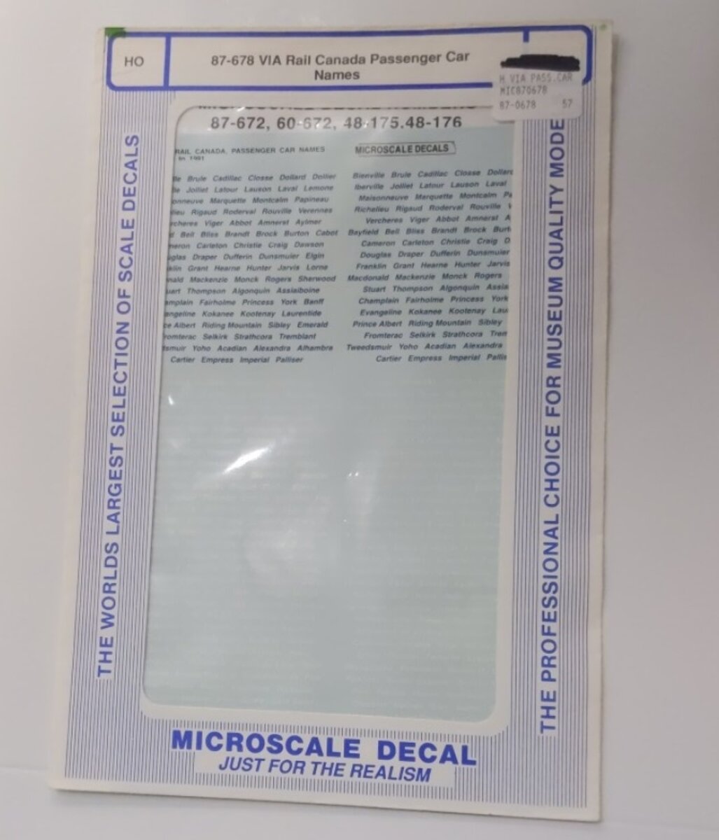 Microscale 87-678 HO VIA Rail Canada Passenger Car Names Decal Sheet