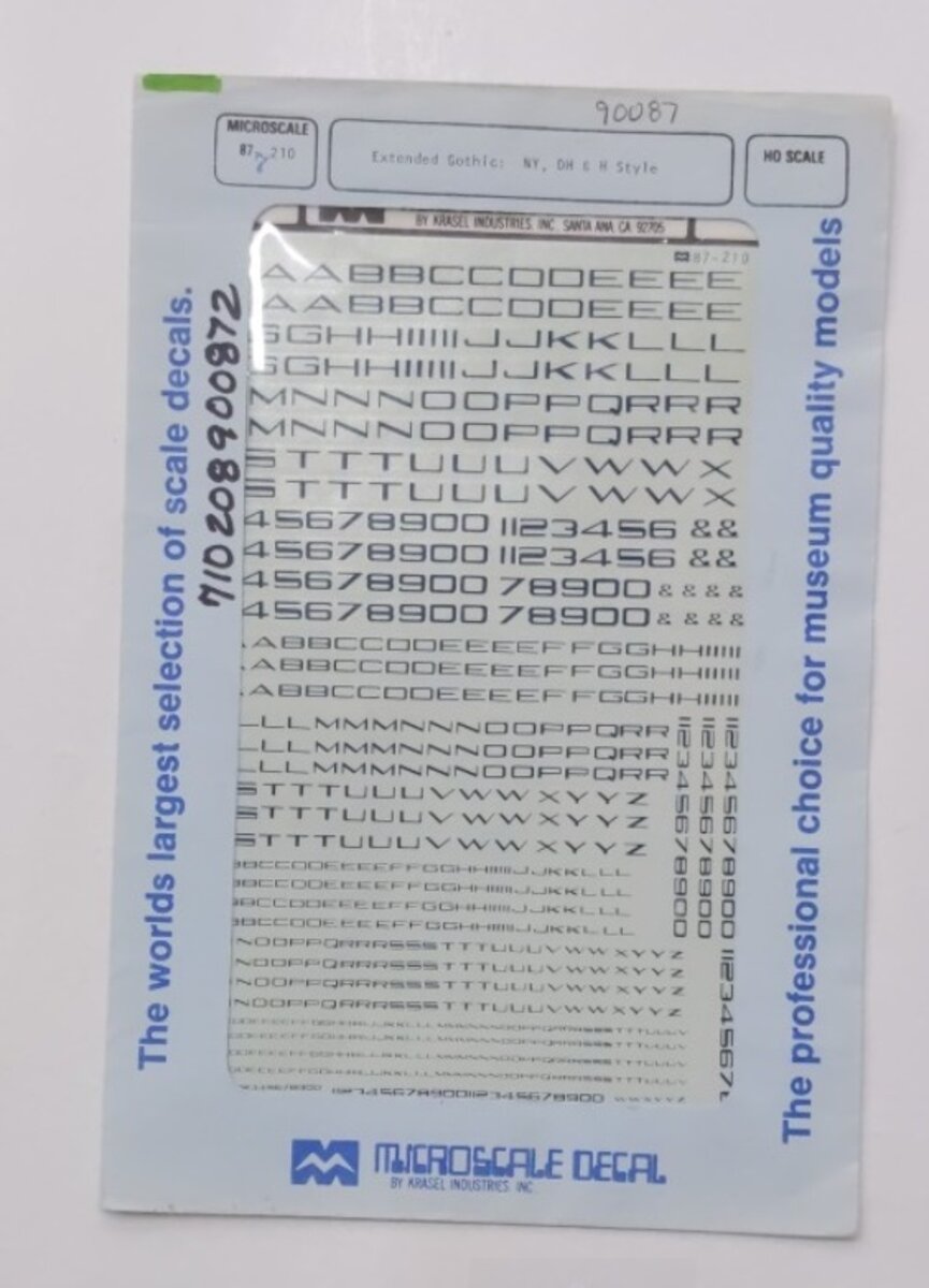 Microscale 90087 HO Extended Gothic NY,DH,H Style Letters & Numbers Decal Sheet