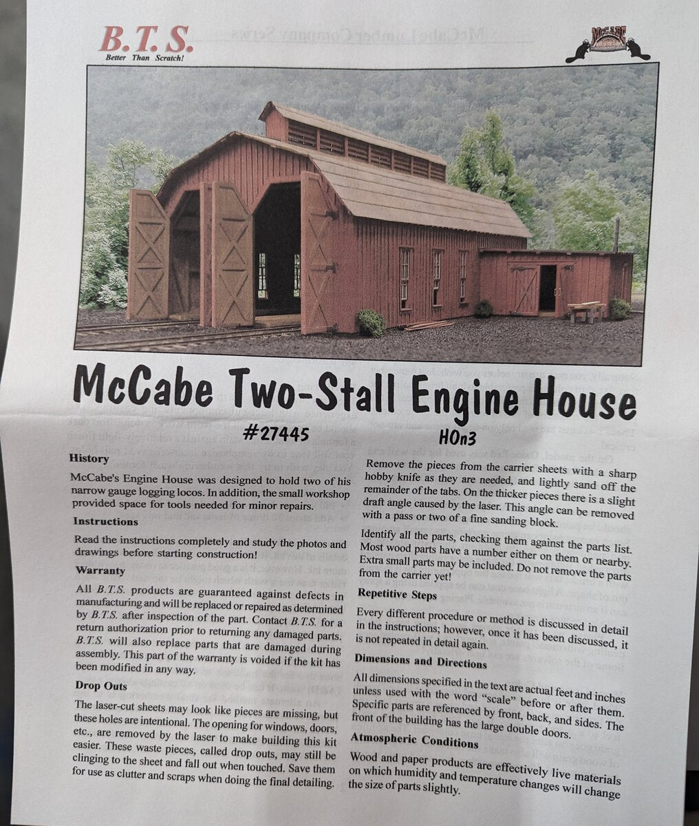 B.T.S. 27445 HOn3 McCabe Two Stall Engine House Building Kit (Laser-cut Wood)