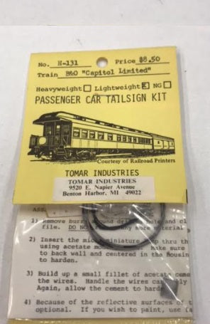 Tomar Industries 131 HO B&O Capitol Limited Ltw Passenger Car Tailsign Kit