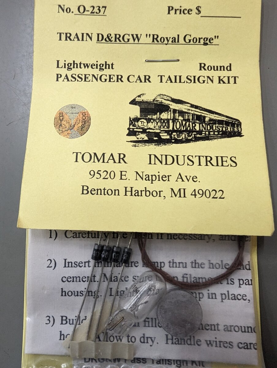 Tomar Industries 237 O Scale D&RGW Royal Gorge Lightweight Tailsign Kit